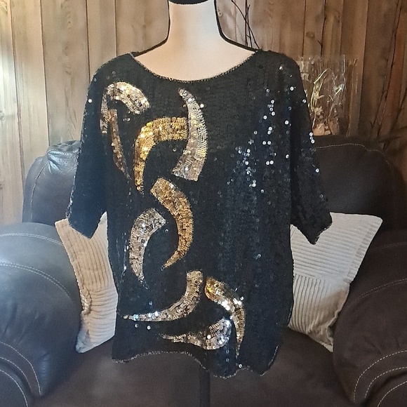 Vintage Tops - Vintage Cee Cee Sequin Embellished Short Sleeve Silk Top Size 20 Holiday Party